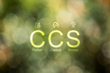 CCS acronym for Carbon Capture Storage environmental background. Net zero action concept. Save energy, green energy, reduce carbon footprint, carbon capture.