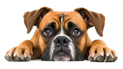 Obraz premium A close-up of a sad-looking dog resting its head on its paws.