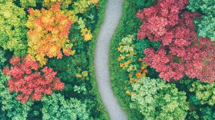 Aerial view of a winding path through vibrant autumn foliage.
