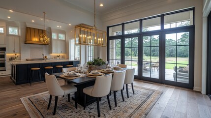 Fototapeta premium Modern Dining Room with Large Windows Overlooking a Green Lawn