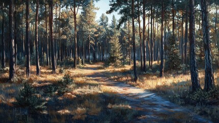 Fototapeta premium A serene forest scene with sunlight filtering through trees and a winding path.