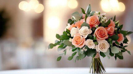 Obraz premium Beautiful bouquet of peach and white roses with green foliage.