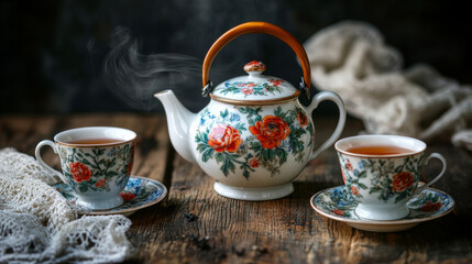 Fototapeta premium Aromatic Tea Time: A charming porcelain teapot with floral designs sits beside two teacups, steam rising from the hot beverage.