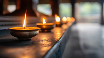Close up of glowing oil lamps on temple step, creating serene and peaceful atmosphere. warm light enhances spiritual ambiance of setting