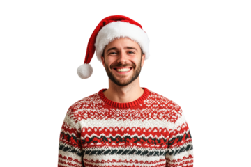 Cheerful Caucasian man wearing Christmas sweater and Santa hat isolated on a transparent background