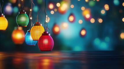Fototapeta premium Colorful decorative lanterns glowing in night create warm and inviting atmosphere, enhancing beauty of surroundings with their vibrant hues and soft light