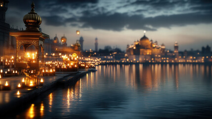 Obraz premium serene view of sacred site illuminated by oil lamps, reflecting warm glow on water. atmosphere is tranquil and enchanting, perfect for spiritual contemplation