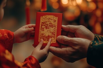 Close-up of a child receiving a red envelope with golden details during a traditional celebration