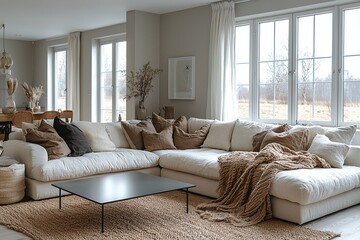 Modern Scandinavian interiors in the living room with sofas and interior accessories. Generative AI
