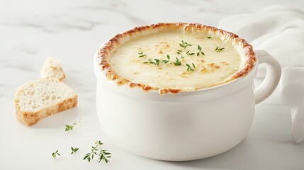Creamy soup in a white bowl, garnished with herbs, on a marble countertop.