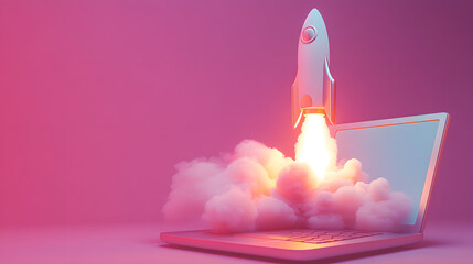 Obraz premium Rocket Launching from Laptop with Cloud Smoke