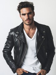 Fototapeta premium Model man in a stylish leather jacket with a V-neck shirt on a white background.