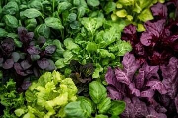  a vibrant mesclun mix growing in a garden. Show a colorful assortment of salad greens, including varieties like arugula, radicchio, and baby spinach, in a lush garden bed. 