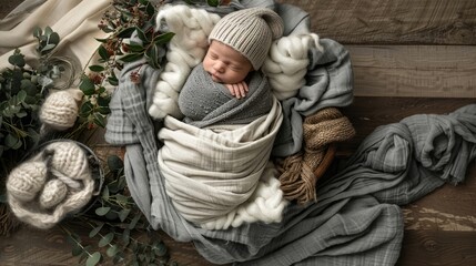 Newborn baby portrait. A sleeping baby wrapped in a cozy knitted blanket, wearing a soft knitted hat with ears, surrounded by plush toys.