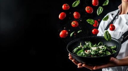 A chef tossing fresh spinach and tomatoes in a bowl, showcasing vibrant ingredients.