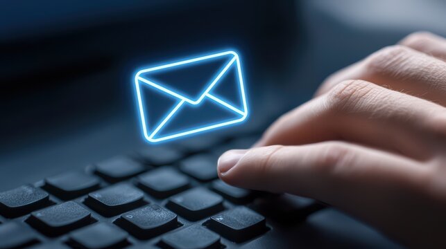 A hand pressing a keyboard key with a glowing email icon above, symbolizing digital communication.