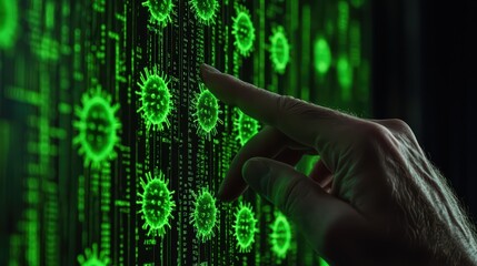 A human hand interacting with a digital interface featuring green virus graphics on a black background.