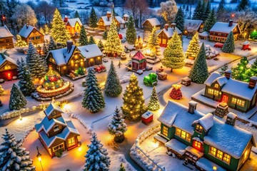 Naklejka premium Aerial View of a Festively Decorated Christmas Village with Gifts and Lights