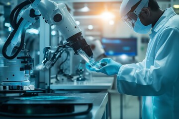 Collaborative innovation  engineer and humanoid robot in a modern laboratory environment