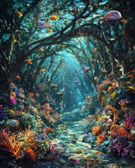 A fantastical underwater forest with coral branches forming a canopy above, while vibrant, glowing marine plants cover the ocean floor, home to colorful fish and strange, mythical sea creatures