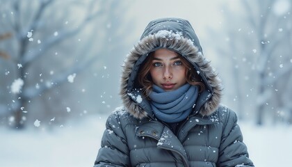 Woman in winter coat with fur hood standing in snowy landscape