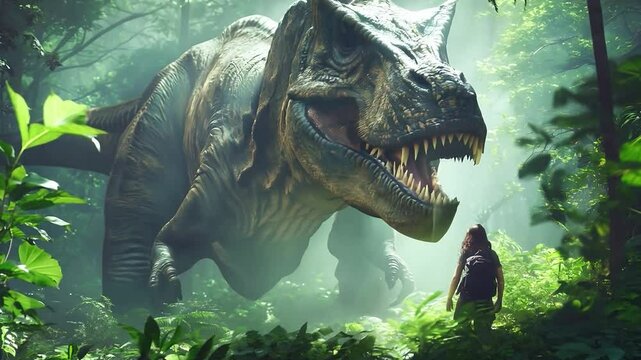 Tyrannosaurus rex dinosaur and a people. Dinosaur roaring in jungle	