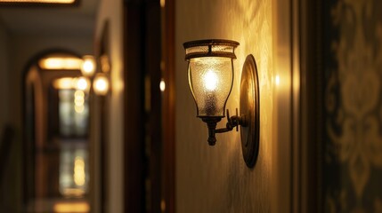 Modern hallway with sleek wall-mounted lights casting warm light onto the walls. The corridor leads to a softly lit room at the end, creating a minimalist design