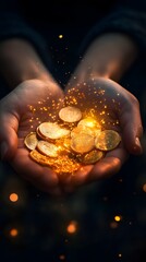 A person's hands holding gold coins, glowing and shining brightly in the sunlight, bokeh 
