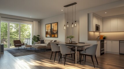 Modern Open Concept Living Space with Dining Area, Kitchen, and Balcony Access