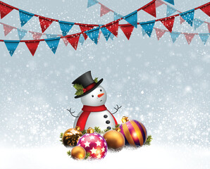 Christmas background with snowman and color balls Highly realistic illustration.