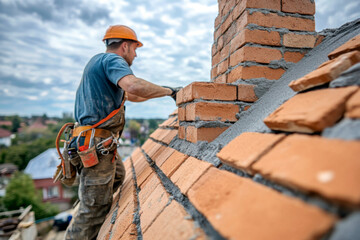 A skilled bricklayer works diligently on a rooftop, laying bricks to build a chimney. He focuses intently while using mortar, showcasing craftsmanship and safety at height.