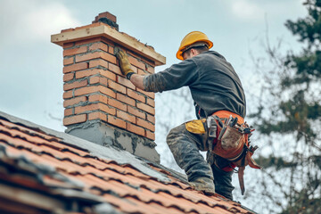 A skilled bricklayer works diligently on a rooftop, laying bricks to build a chimney. He focuses intently while using mortar, showcasing craftsmanship and safety at height.
