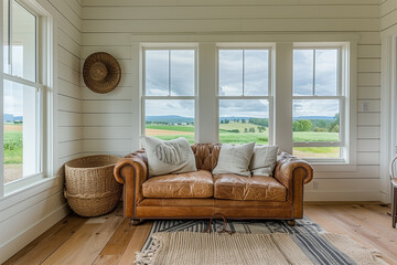 Fototapeta premium Modern farmhouse living room with shiplap walls, a distressed leather sofa, wicker baskets, and large picture windows showcasing rolling fields.