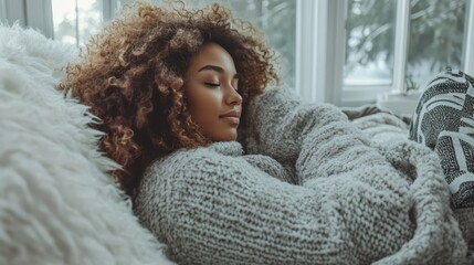 Woman resting on a cozy couch with a relaxed expression, wrapped in a soft sweater.