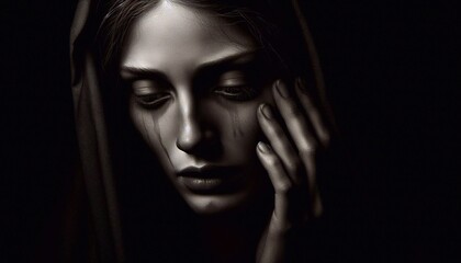Fototapeta premium Portrait of a grieving woman in a dramatic chiaroscuro style
