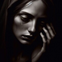 Fototapeta premium Portrait of a grieving woman in a dramatic chiaroscuro style