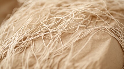 environmentally friendly parcel preparation, kraft paper boxes, crinkled filling material, monochromatic brown tones, close-up shot, sustainable e-tail practices, organic patterns, circular economy