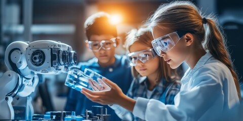 Children in protective glasses watch robot operation in a brightly lit laboratory environment