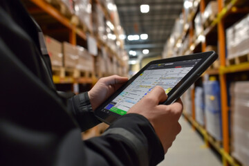 A warehouse manager checks inventory data on a tablet while standing in a well-organized storage facility filled with products on pallets.