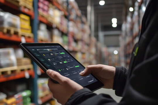 A warehouse manager checks inventory data on a tablet while standing in a well-organized storage facility filled with products on pallets.
