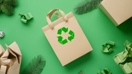 environmentally responsible delivery concept, reusable brown paper carriers, vibrant green recycle emblem, eco-friendly textures, earth-toned backdrop, waste reduction imagery