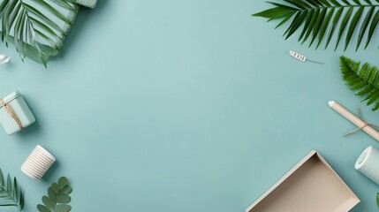 environmentally responsible party supplies flat lay, serene azure backdrop, organic shapes and materials, minimalist arrangement with ample text space, sustainable living promotion, web header imagery