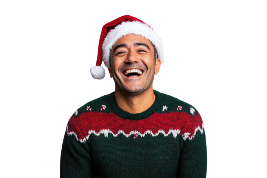 Laughing Hispanic man wearing Christmas sweater and Santa hat isolated on a transparent background
