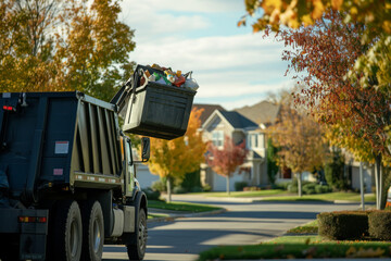 The garbage truck is positioned on a quiet suburban street, lifting a large orange dumpster filled with trash to empty it into its cargo area as sunlight breaks through early clouds.