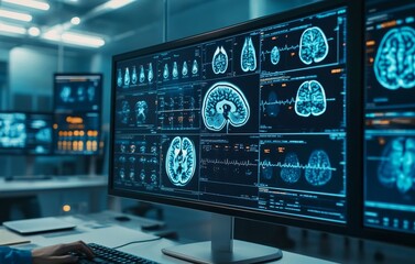 Computer screen presents a detailed visual representation of a brain scan.