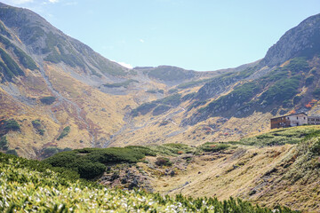 Fototapeta premium Murodo, Tateyama Kurobe Alpine Route, Japan, A scenic landscape featuring rolling mountains, lush greenery, and a serene sky