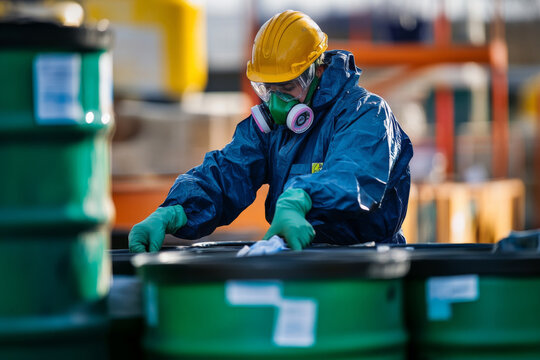 A sanitation worker, dressed in protective clothing and gear, carefully handles waste containers in an industrial area while focusing on safety protocols.