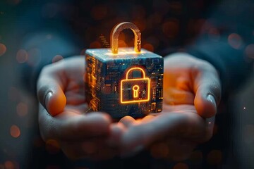 A person holding a futuristic data block featuring a sleek lock icon