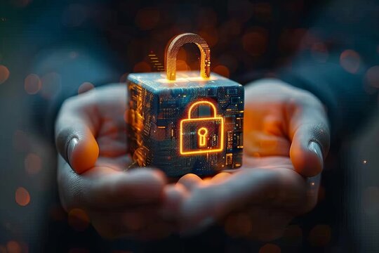 A person holding a futuristic data block featuring a sleek lock icon