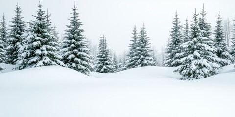 Obraz premium Snowy evergreen trees in a serene winter landscape, white isolate background.